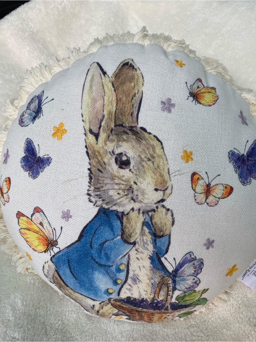 Whimsical Blue Bunny Round Accent Pillow